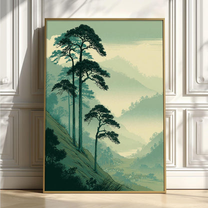 Japanese Pine Tree Poster, Misty Mountain Landscape Print, Green Forest Picture, Zen Nature Decor, Asian Wall Decor
