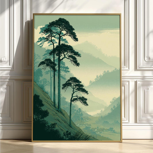 Japanese Pine Tree Poster, Misty Mountain Landscape Print, Green Forest Picture, Zen Nature Decor, Asian Wall Decor
