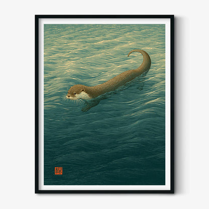 Otter Japanese Poster, Swimming Otter Print, Nature Picture