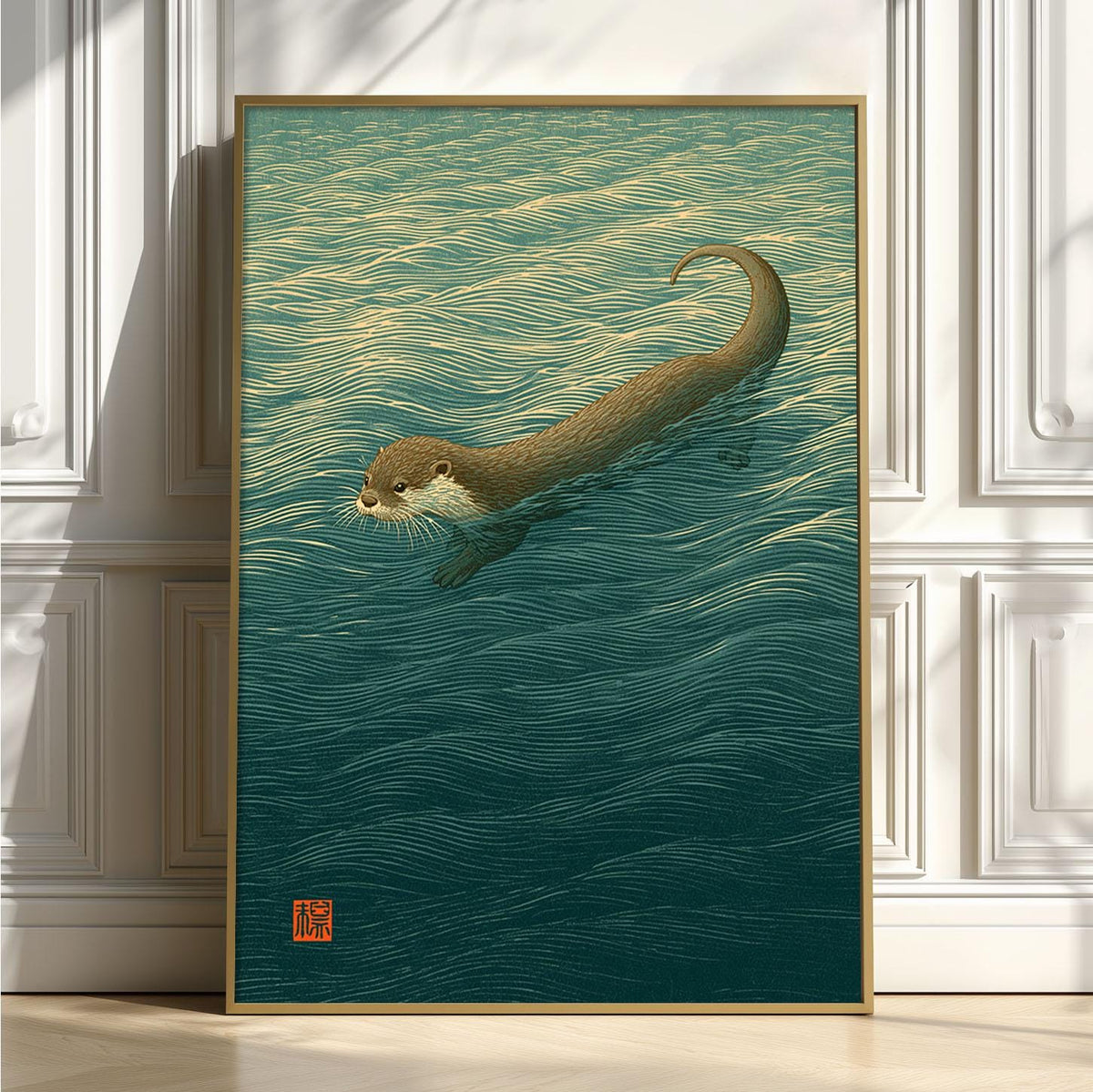 Otter Japanese Poster, Swimming Otter Print, Nature Picture