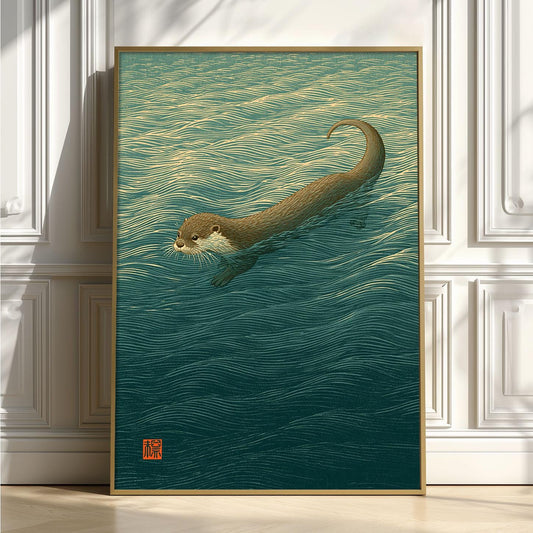 Otter Japanese Poster, Swimming Otter Print, Nature Picture
