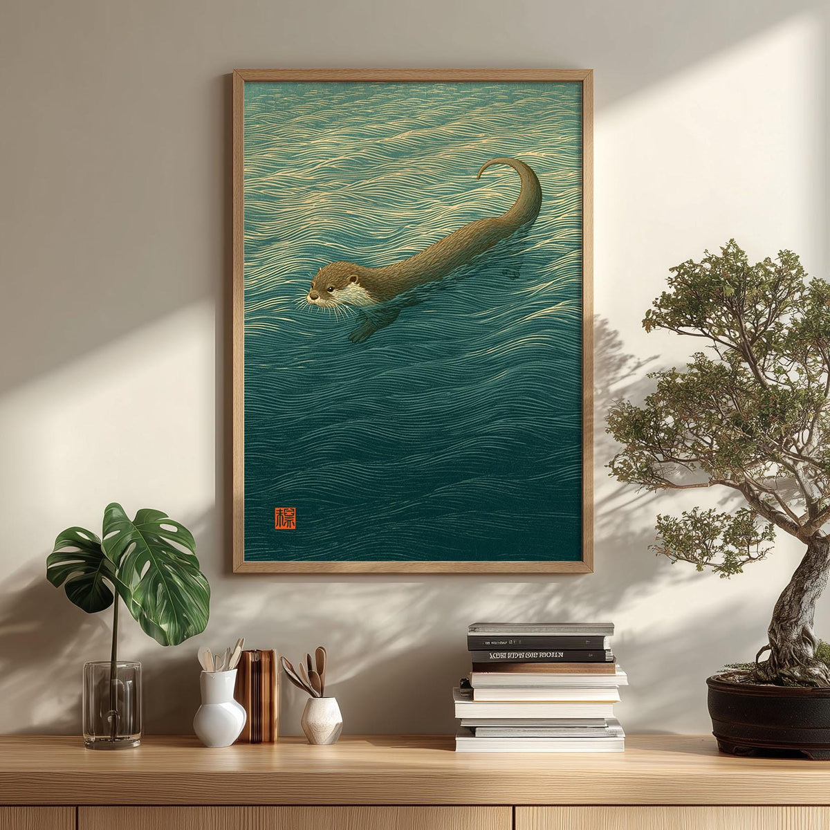 Otter Japanese Poster, Swimming Otter Print, Nature Picture