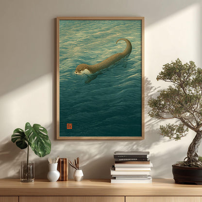 Otter Japanese Poster, Swimming Otter Print, Nature Picture