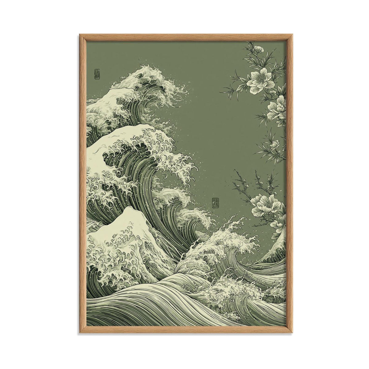 Ocean Wave Japanese Poster, Green Sea Illustration, Floral Art Print