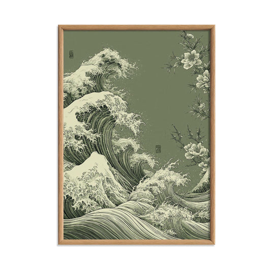 Ocean Wave Japanese Poster, Green Sea Illustration, Floral Art Print