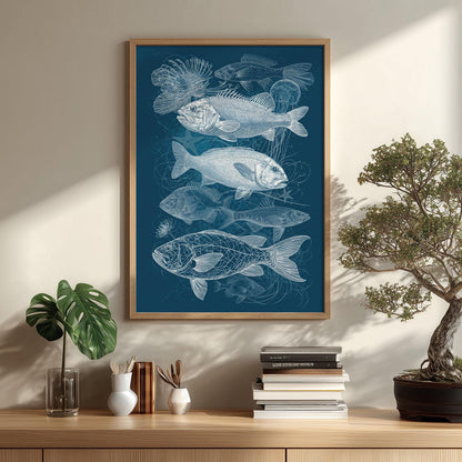 Fish Poster, Blue Ocean Illustration, Nautical Art Print