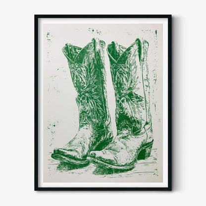 Cowboy Boots Western Poster, Green Boot Illustration, Vintage Wall Print