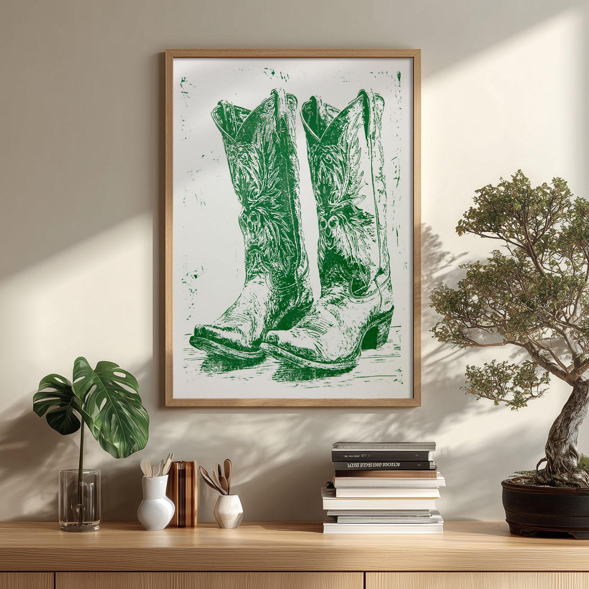 Cowboy Boots Western Poster, Green Boot Illustration, Vintage Wall Print