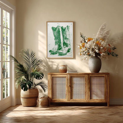 Cowboy Boots Western Poster, Green Boot Illustration, Vintage Wall Print
