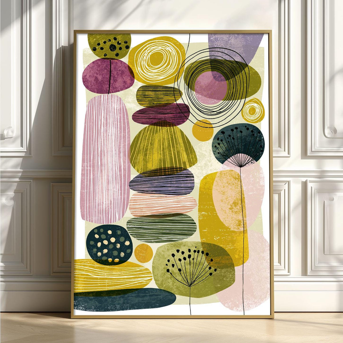 Abstract Botanical Mid Century Poster, Green Pink Geometric Illustration, Modern Print