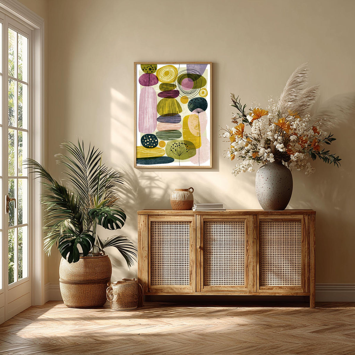 Abstract Botanical Mid Century Poster, Green Pink Geometric Illustration, Modern Print