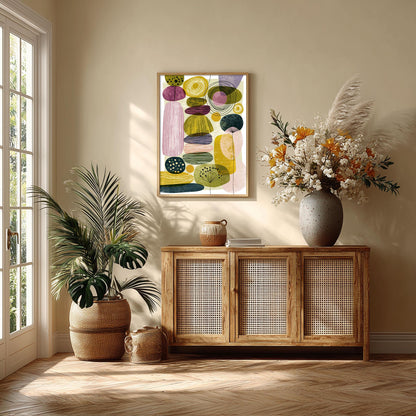 Abstract Botanical Mid Century Poster, Green Pink Geometric Illustration, Modern Print