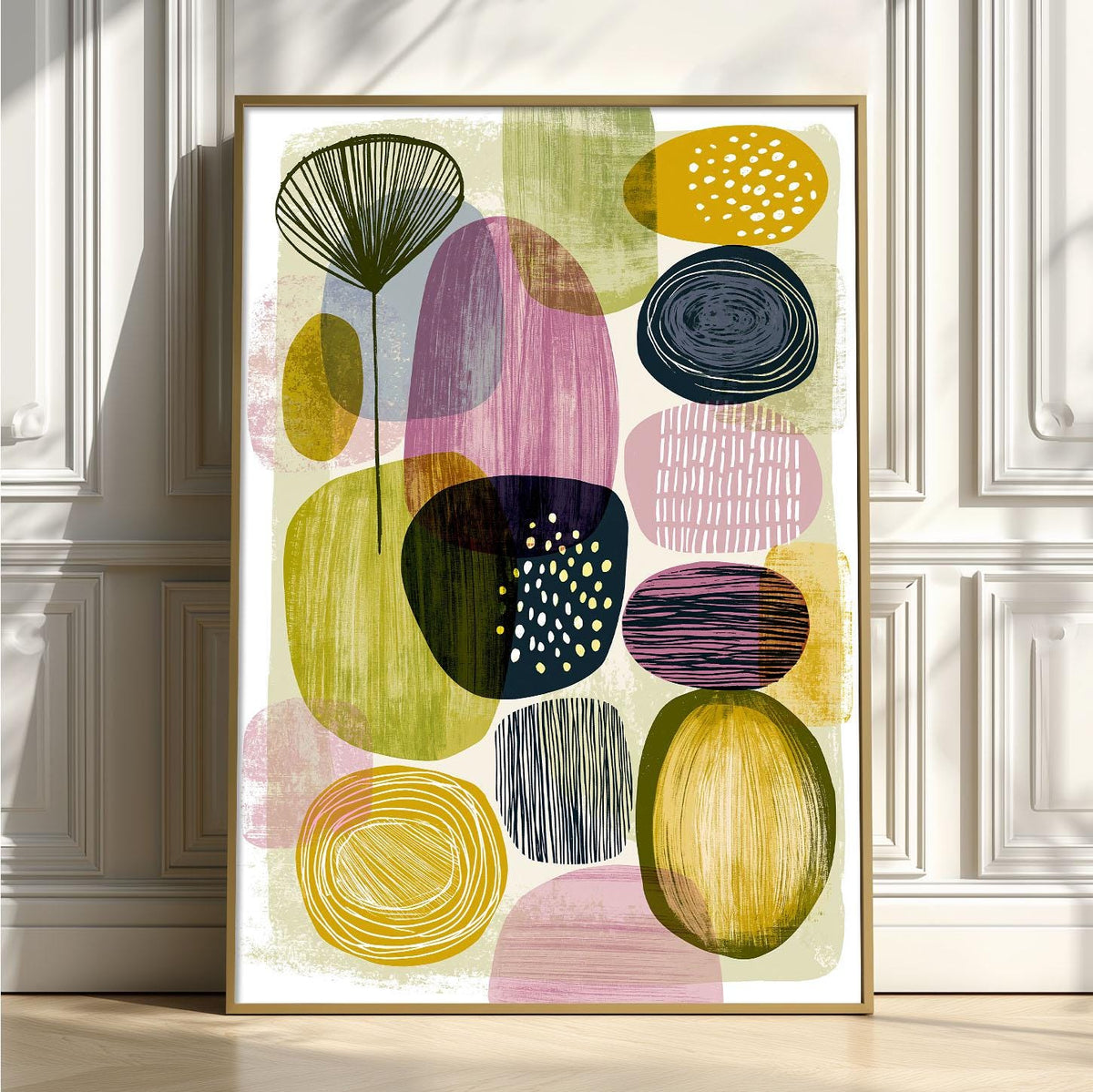 Geometric Mid Century Poster, Green Purple Illustration, Retro Wall Art