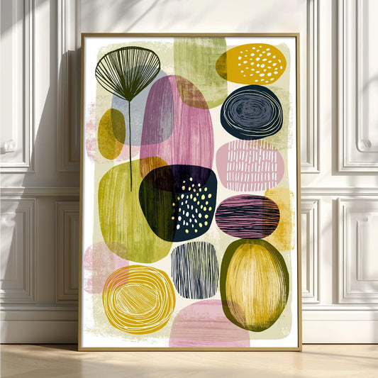Geometric Mid Century Poster, Green Purple Illustration, Retro Wall Art