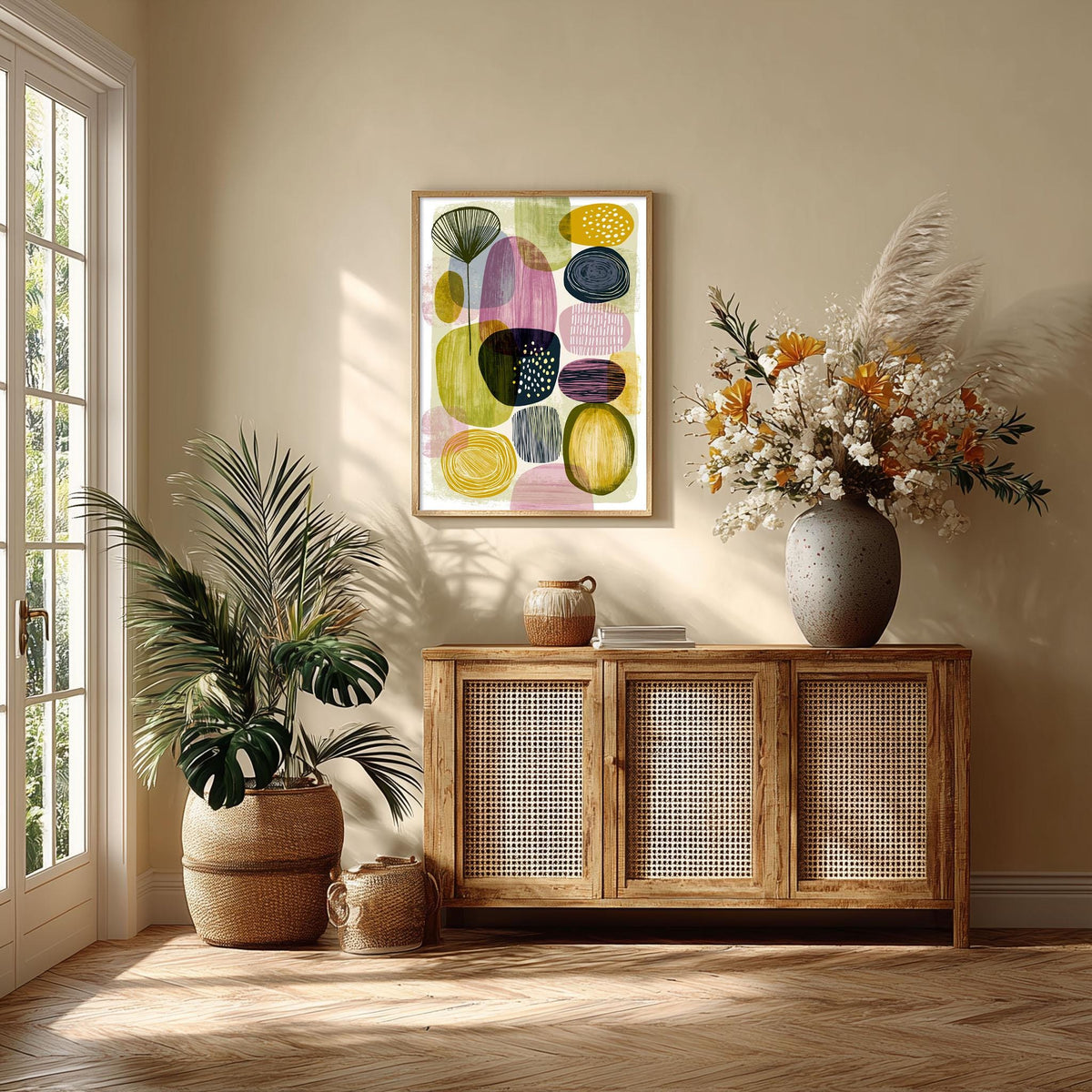 Geometric Mid Century Poster, Green Purple Illustration, Retro Wall Art