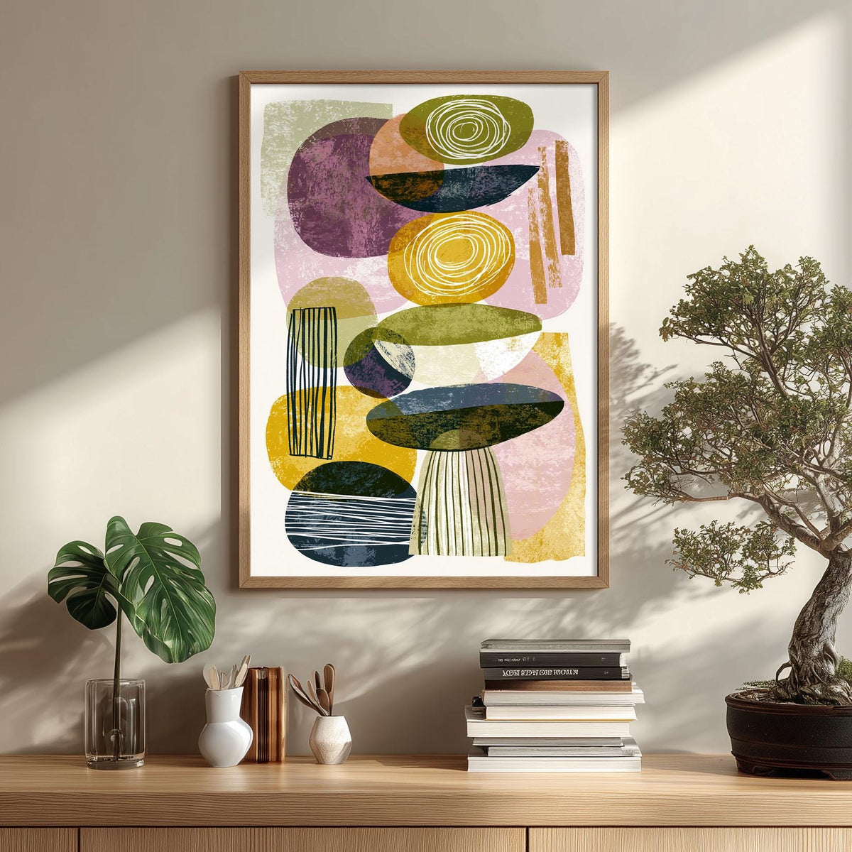 Geometric Mid Century Poster, Green Purple Illustration, Retro Wall Art