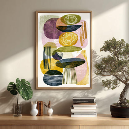 Geometric Mid Century Poster, Green Purple Illustration, Retro Wall Art