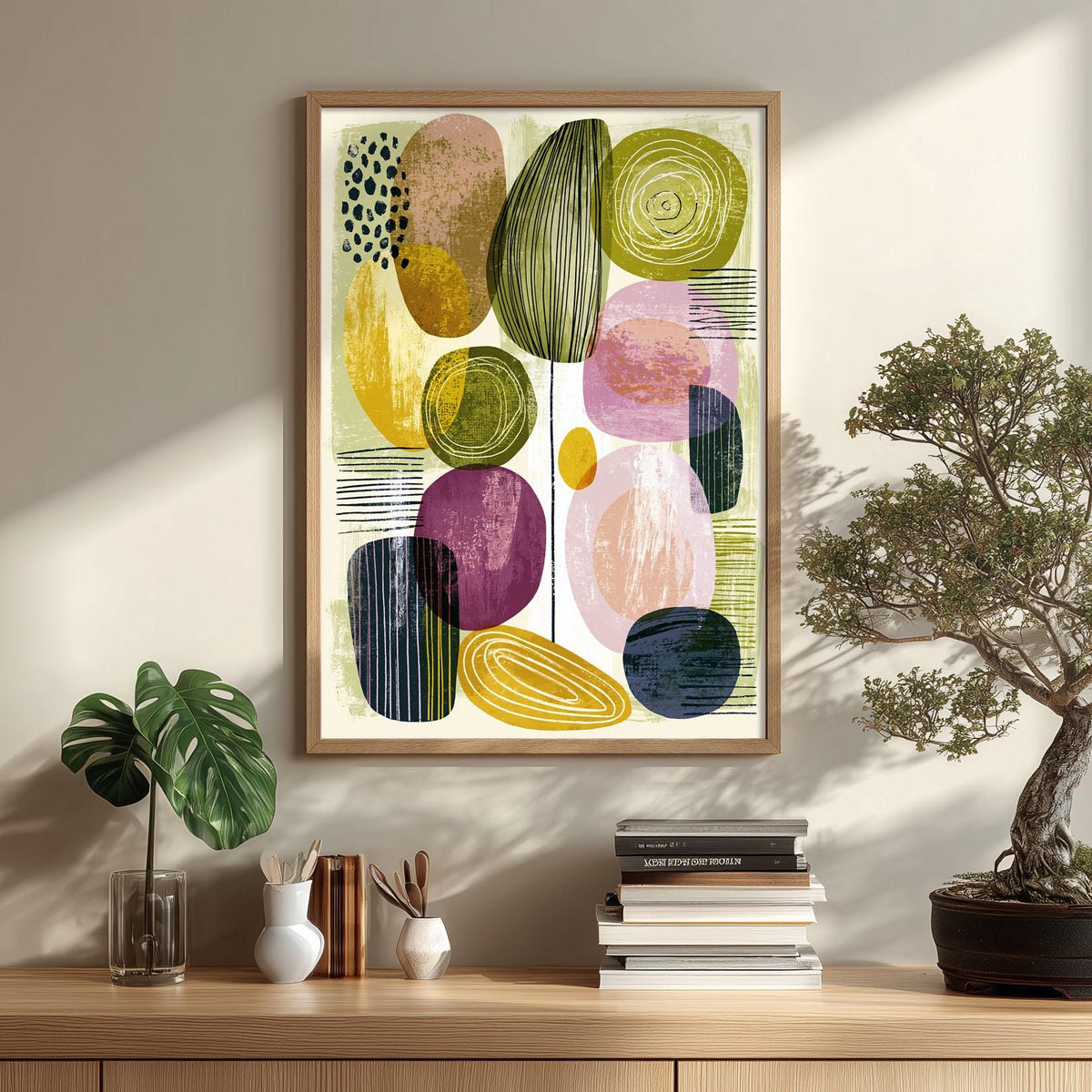 Geometric Mid Century Poster, Green Purple Illustration, Retro Wall Art