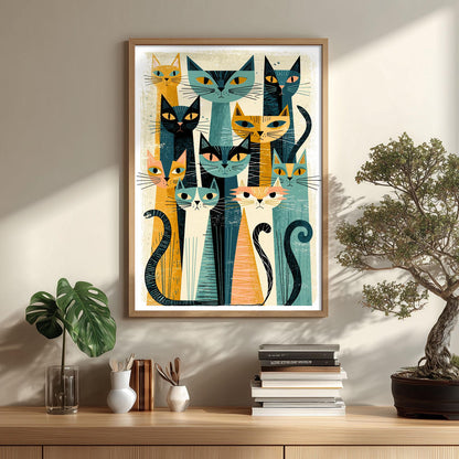 Cats Mid Century Poster, Retro Cat Illustration, Cat Lover Art Print