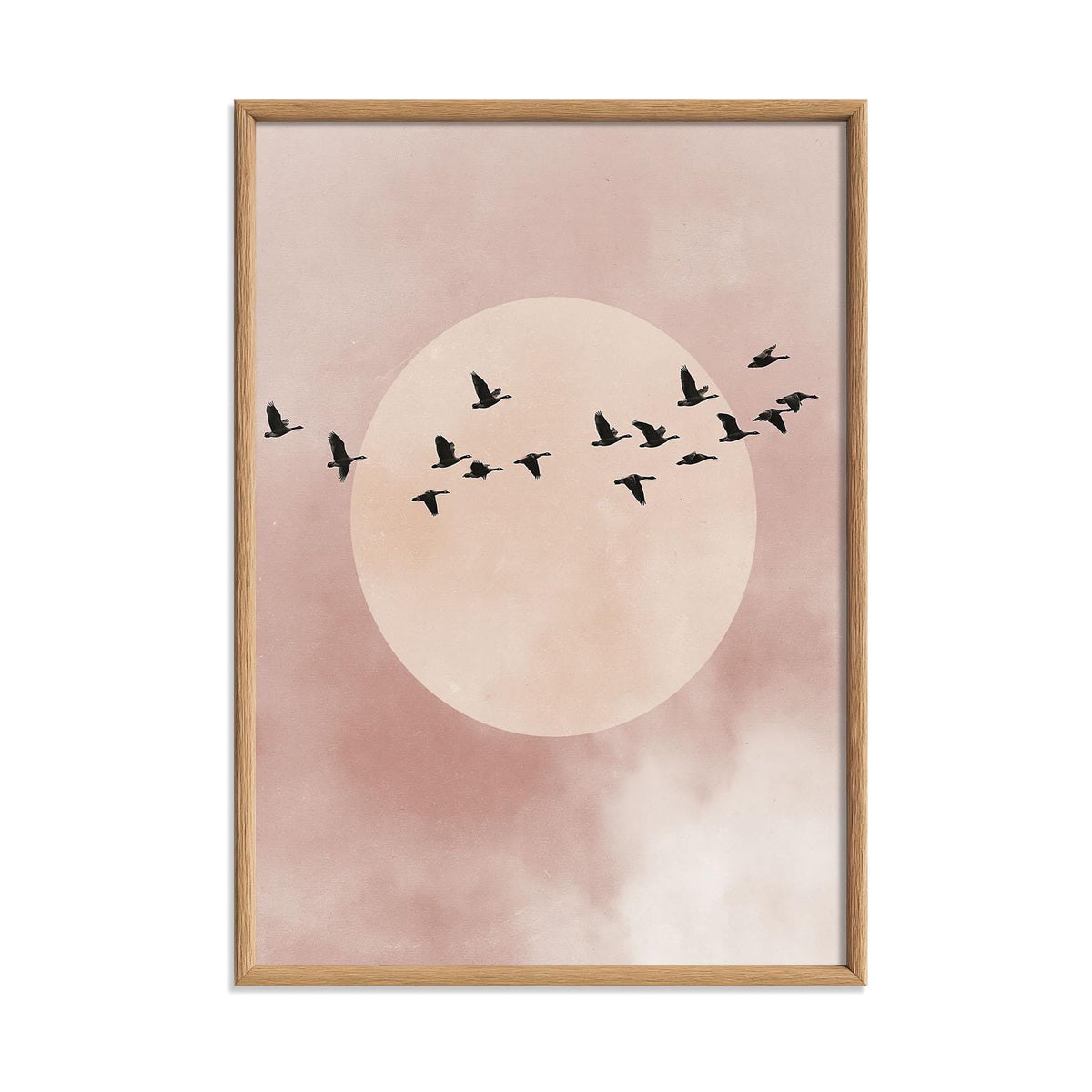 Flying Birds Minimalist Poster, Pink Moon Illustration, Soft Sky Art Print