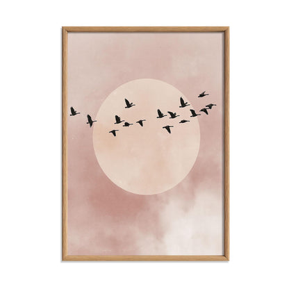 Flying Birds Minimalist Poster, Pink Moon Illustration, Soft Sky Art Print
