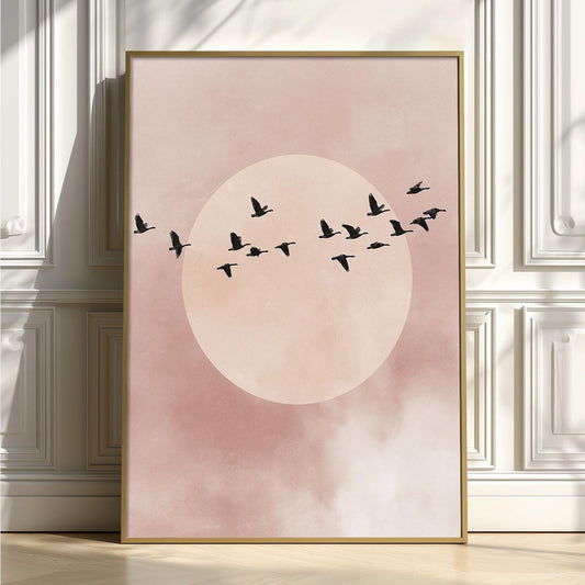 Flying Birds Minimalist Poster, Pink Moon Illustration, Soft Sky Art Print
