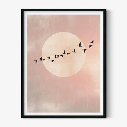 Flying Birds Minimalist Poster, Pink Moon Wall Art, Soft Sky Picture Print