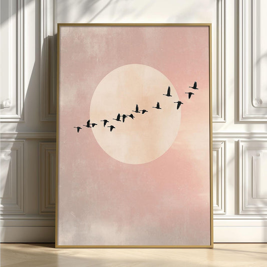 Flying Birds Minimalist Poster, Pink Moon Wall Art, Soft Sky Picture Print