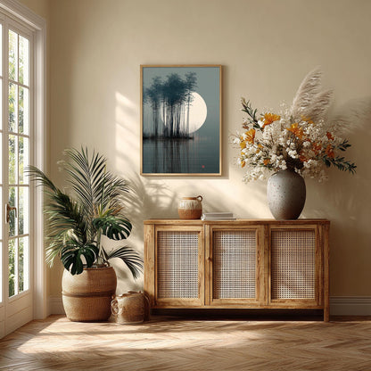Bamboo Moon Japanese Poster, Misty Bamboo Illustration, Zen Wall Art
