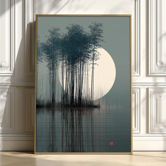 Bamboo Moon Japanese Poster, Misty Bamboo Illustration, Zen Wall Art