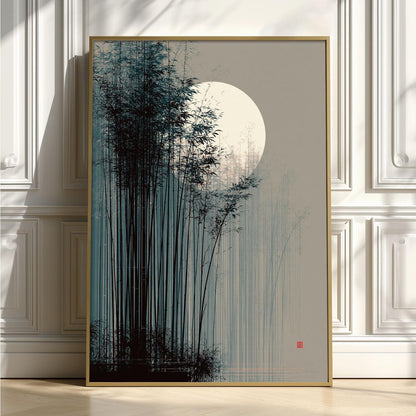 Japanese Bamboo Moon Print, Misty Bamboo Illustration, Zen Poster