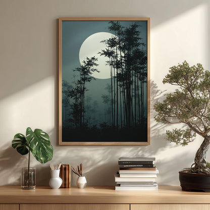 Bamboo Forest Japanese Poster, Full Moon Picture, Dark Zen Art Print