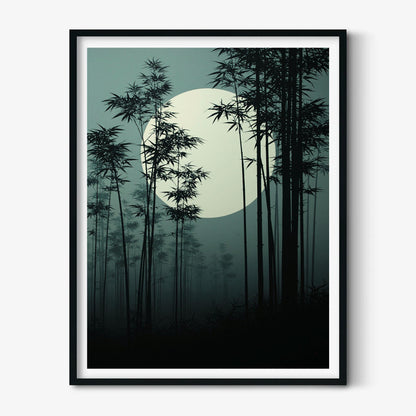 Japanese Bamboo Forest Poster, Moonlit Bamboo Painting, Dark Zen Picture Print