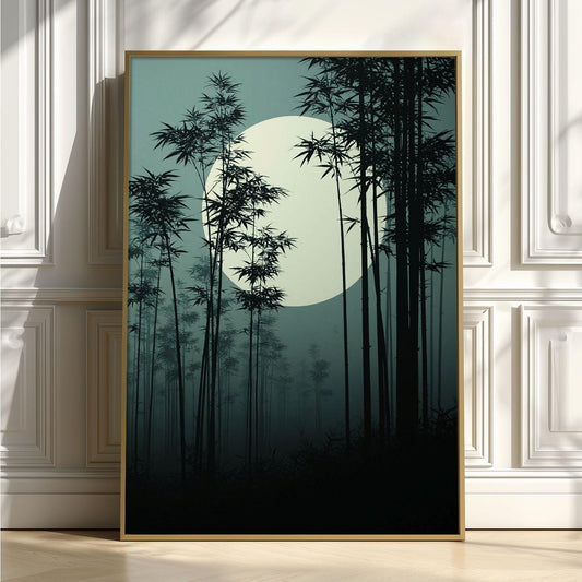 Japanese Bamboo Forest Poster, Moonlit Bamboo Painting, Dark Zen Picture Print