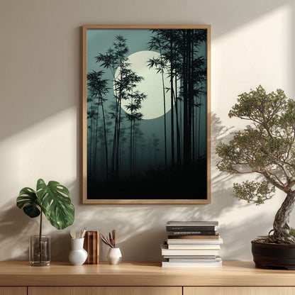 Japanese Bamboo Forest Poster, Moonlit Bamboo Painting, Dark Zen Picture Print