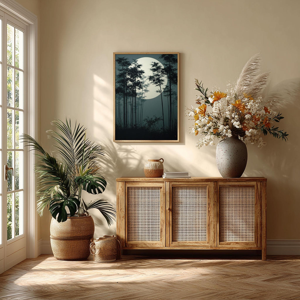 Japanese Bamboo Poster, Serene Landscape Picture Print, Asian Style Illustration