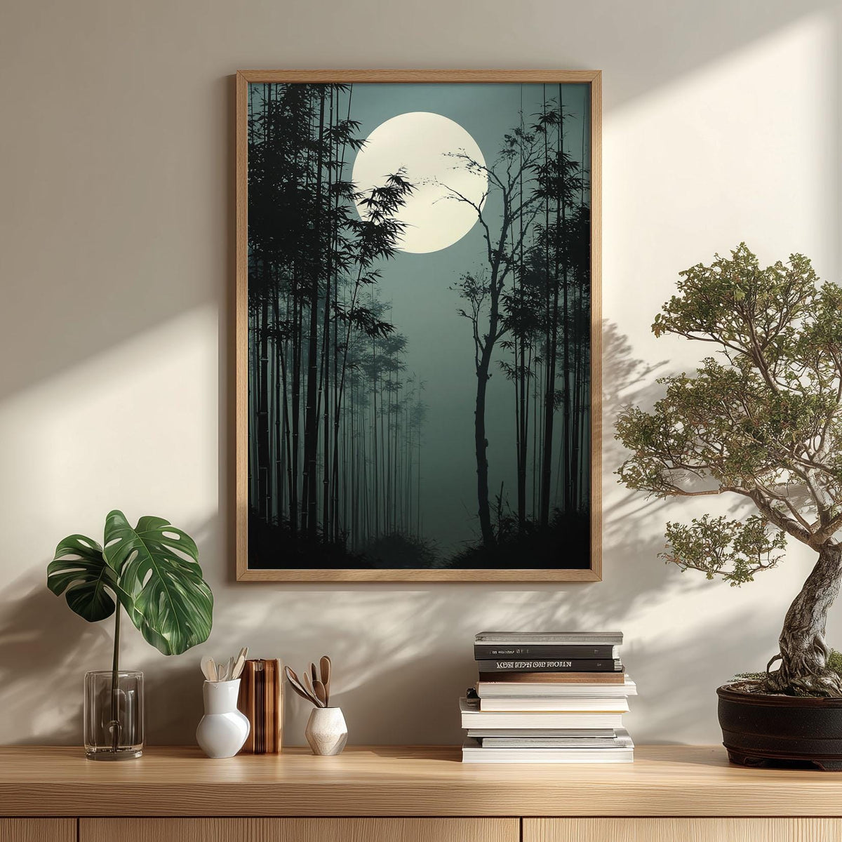 Bamboo Forest Japanese Print, Moonlit Bamboo Picture, Dark Zen Poster