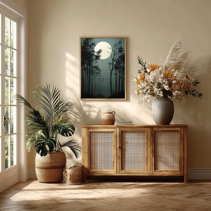 Bamboo Forest Japanese Print, Moonlit Bamboo Picture, Dark Zen Poster