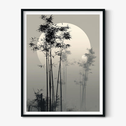 Bamboo Moon Japanese Poster, Misty Bamboo Wall Art, Zen Landscape Painting