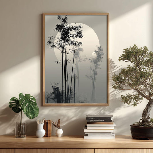 Bamboo Moon Japanese Poster, Misty Bamboo Wall Art, Zen Landscape Painting