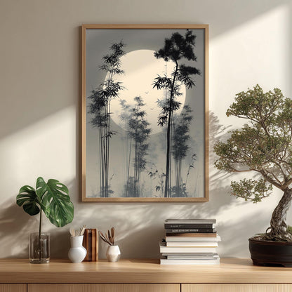 Japanese Bamboo Forest Poster, Misty Moon Illustration, Asian Picture