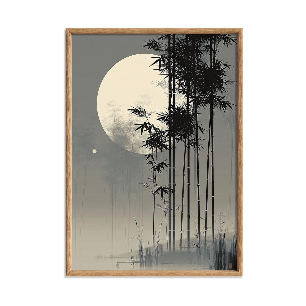 Bamboo Moon Japanese Poster, Misty Bamboo Illustration, Grey Zen Picture Print