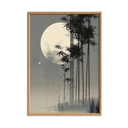 Bamboo Moon Japanese Poster, Misty Bamboo Illustration, Grey Zen Picture Print