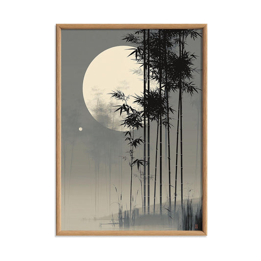 Bamboo Moon Japanese Poster, Misty Bamboo Illustration, Grey Zen Picture Print