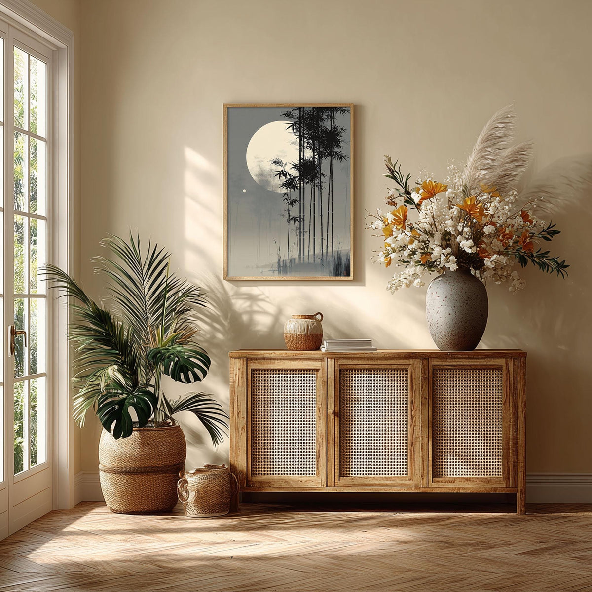 Bamboo Moon Japanese Poster, Misty Bamboo Illustration, Grey Zen Picture Print