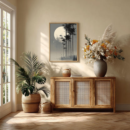 Bamboo Moon Japanese Poster, Misty Bamboo Illustration, Grey Zen Picture Print
