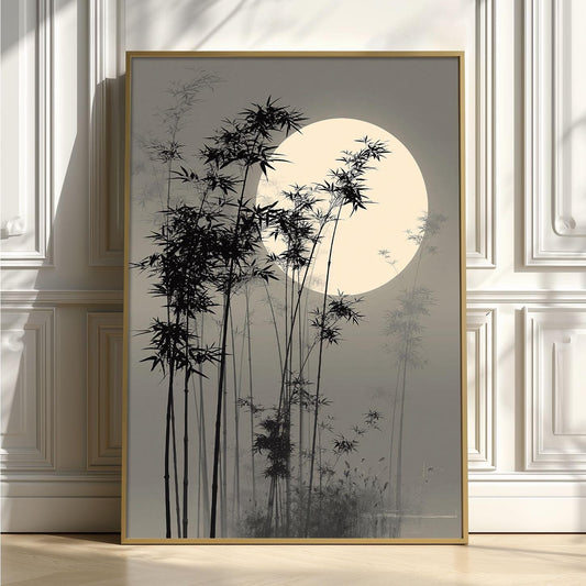 Misty Bamboo Moon Japanese Wall Art Print, Zen Landscape Painting