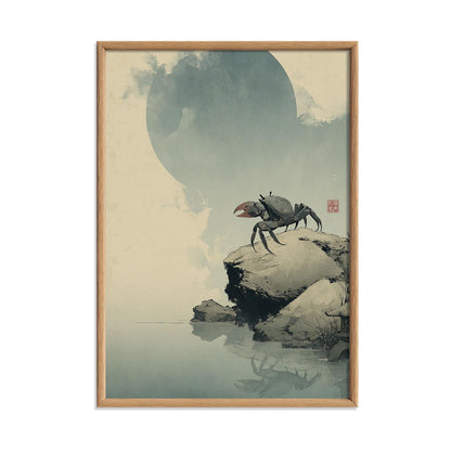 Crab Japanese Poster, Moonlit Coastal Illustration, Minimal Ocean Print