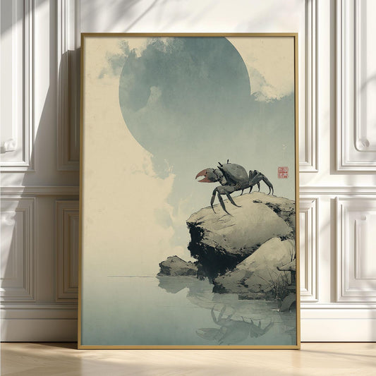 Crab Japanese Poster, Moonlit Coastal Illustration, Minimal Ocean Print