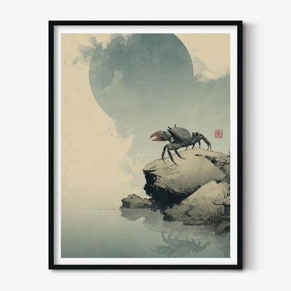Crab Japanese Poster, Moonlit Coastal Illustration, Minimal Ocean Print